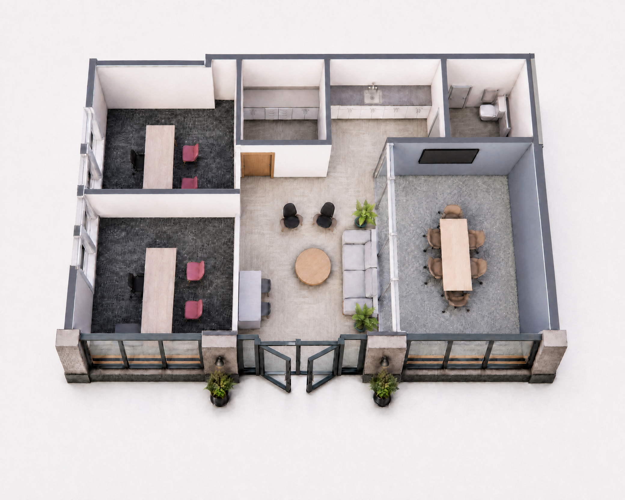 Illustrative flexible commercial office layout at The Gateway in Amesbury with private work rooms, conference space, reception, and paired glass entrance