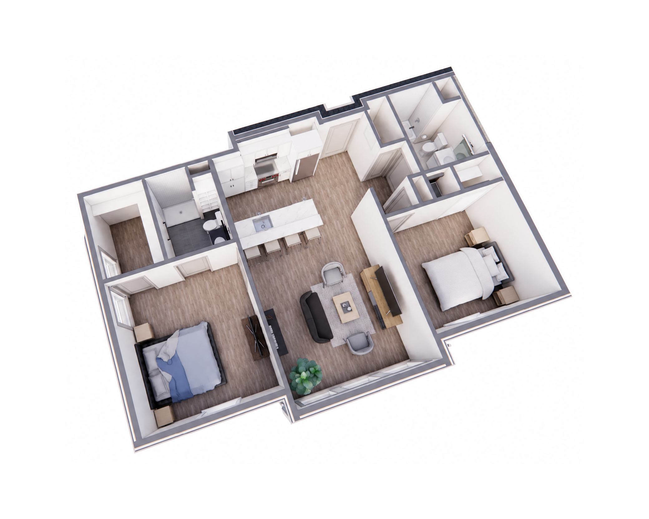 Authentic 3D architectural rendering of a flagship 2 bedroom residence