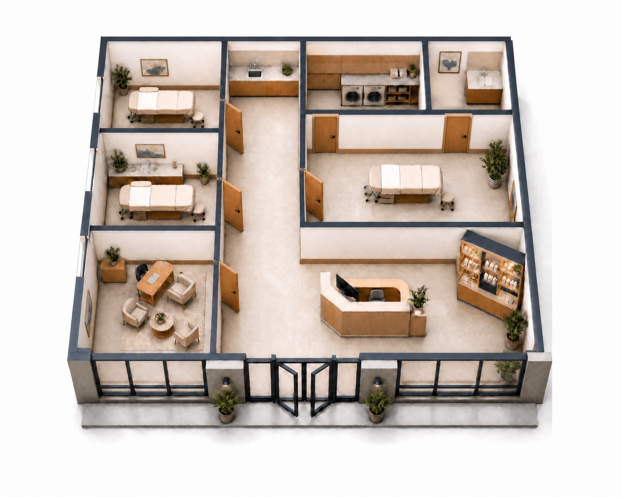 Illustrative medspa concept for The Gateway commercial space in Amesbury with reception, treatment rooms, consultation space, and connected circulation