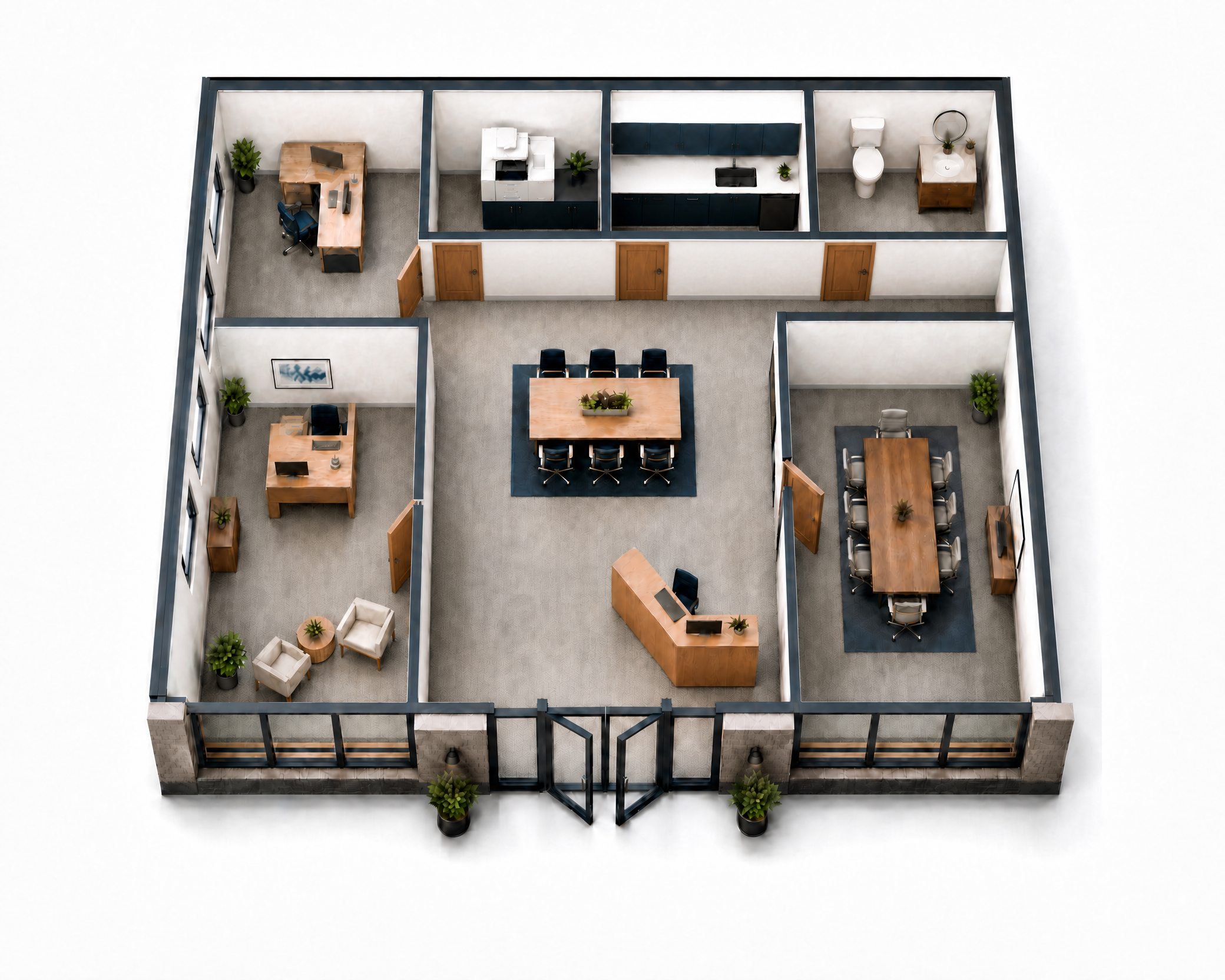 Illustrative professional office concept for The Gateway commercial space in Amesbury with private offices, conference room, reception, and collaboration space