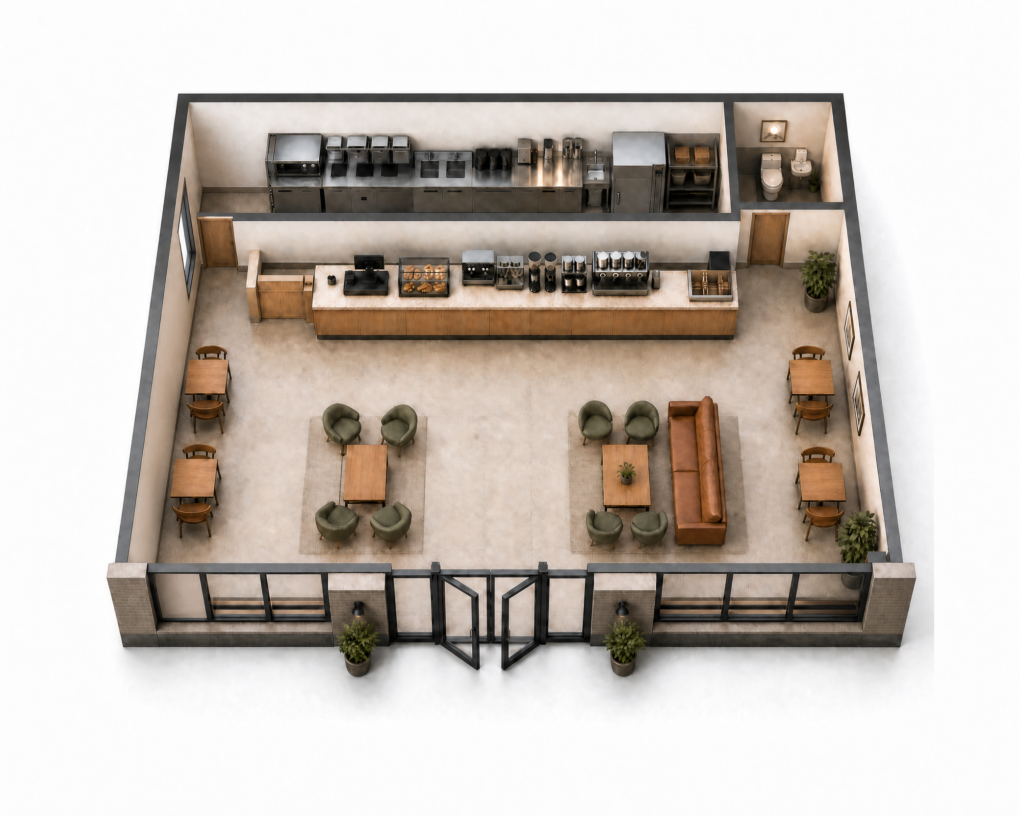 Illustrative coffee and food service concept for The Gateway commercial space in Amesbury with guest seating, service counter, and back of house preparation